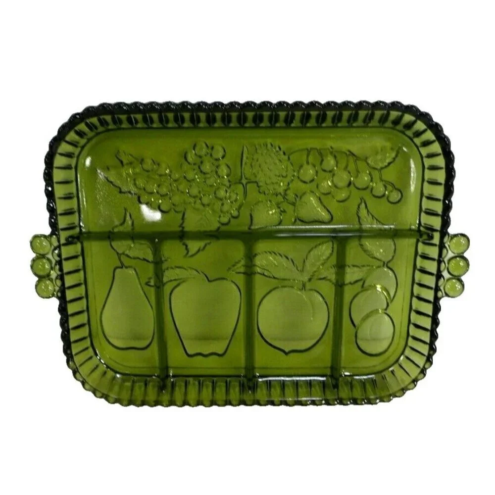 INDIANA GLASS CO Tiara vintage green five section serving appetizer tray 11 x 9